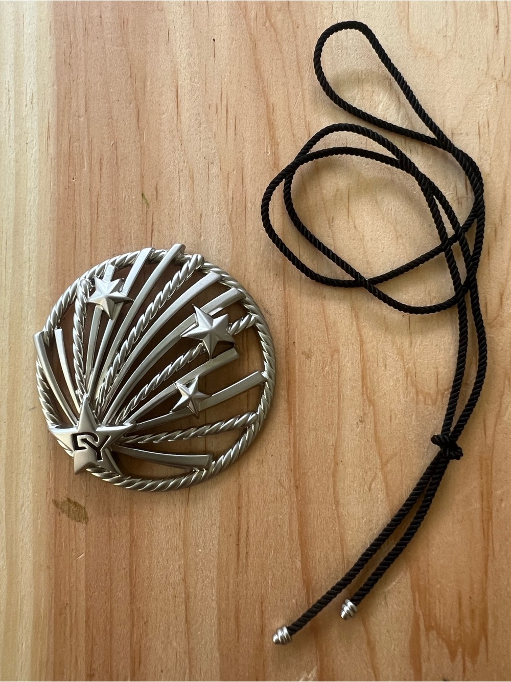 David Yurman Silver Starburst Pendant Necklace with Black Cord
